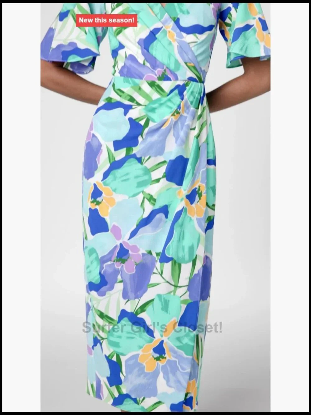 Women's Short Flutter Sleeve Faux Wrap Midi Dress Polyester Spandex Floral